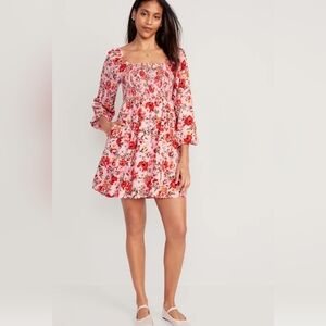 OLD NAVY Fit Flare Long Sleeve Square Neck Floral Minidress Peach Coral XL